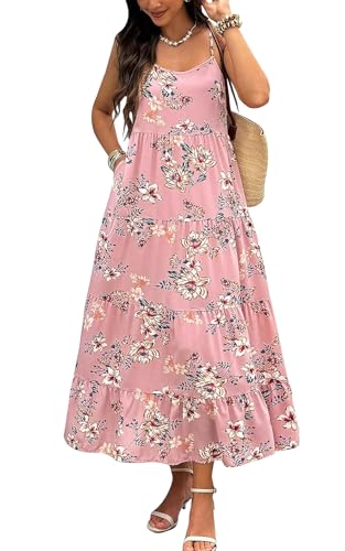 PRETTYGARDEN Women's Summer Casual Floral Printed Maxi Dress Bohemian Spaghetti Strap Flowy Long Dresses with Pockets (Pink Beige Flower, Medium)
