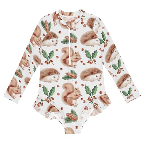 Ollabaky Baby Girls Long Sleeve Swimsuit Christmas Watercolor Squirrel Hedgehog One Piece Bathing Suit Rash Guard UPF50+ Toddler Girl Swimwear, 7-8T Multi