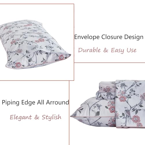 Image of FADFAY Sheets Set Cal King Rustic Bird Floral Bed Sheets Set Vintage Botanical Bedding Shabby Branches Leaves Bedding Collections 100% Egyptian Cotton 17.7 inch Deep Pocket 4Pcs, California King Size