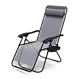 VOUNOT® Sdraio da Giardino con Portabicchieri e Poggiatesta Regolabile,Sedia Pieghevole Zero Gravity da Esterno, Poltrona Relax, Carico Massimo 120kg, Grigio