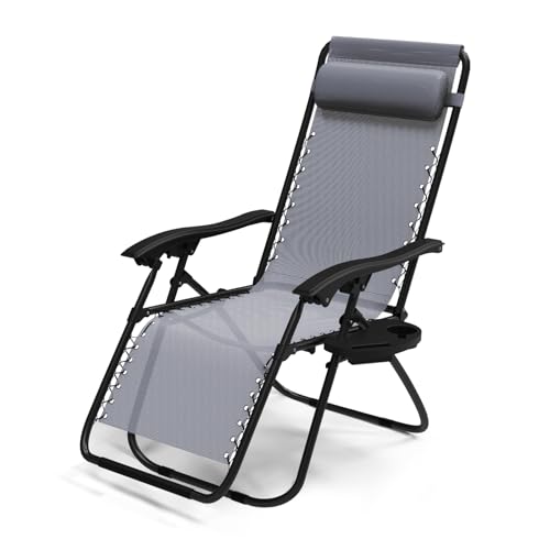 VOUNOT® Sdraio da Giardino con Portabicchieri e Poggiatesta Regolabile,Sedia Pieghevole Zero Gravity da Esterno, Poltrona Relax, Carico Massimo 120kg, Grigio