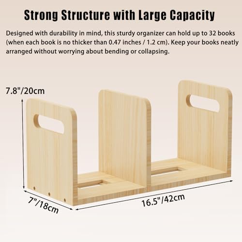 Image of 100% Solid Wood Adjustable Desktop Bookshelf With Movable Divider, Retro Tabletop Bookshelf With Convenient Handle Design for Living Room, Home, Office, Perfect for Magazine Book (Natural Wood Color)