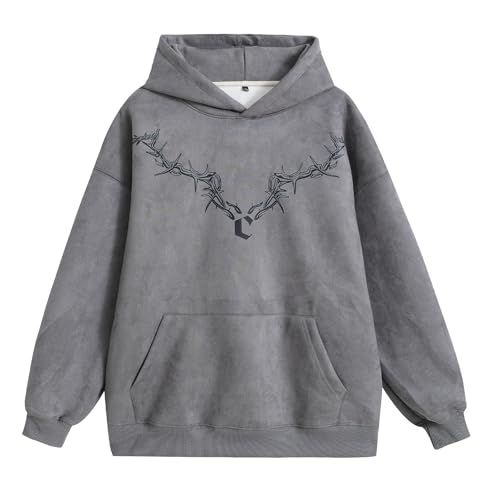 GURUNVANI Mens Vintage Faux Suede Hooded Sweatshirt Graphic Print Hoodie Oversized Unisex Streetwear Sweatshirt