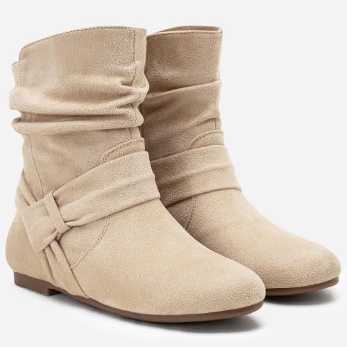 Image of Vepose Women's Slouch Ankle Boots, Flat Low Heel Side Zip Booties 939A