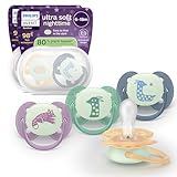 Philips Avent Chupetes Ultra Soft Nighttime - Diseño ortodóntico, para bebés de 6-18 meses, brillan en la oscuridad, tetina simétrica de silicona, sin BPA, estuche esterilizador, pack de 4, SCF094/08