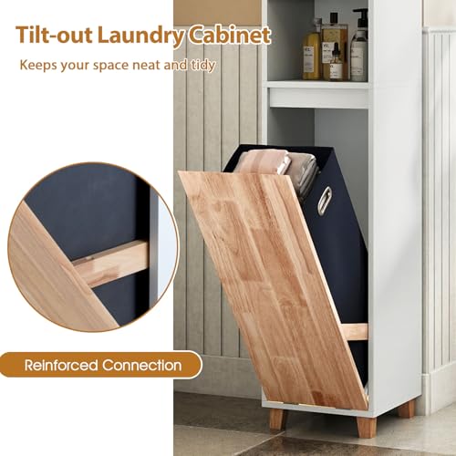 LIFEZEAL Armario de Baño Alto, Armario Estrecho con Cesta de Ropa Extraíble, Estantes Abiertos, Contenedor Plegable, Armario Multiusos para Baño Salón, Madera de Caucho - imagen 5