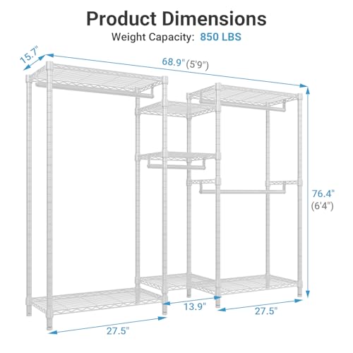 VIPEK Classic V6 Wire Garment Rack 5 Tiers Heavy Duty Clothes Rack for Hanging Clothes, Wardrobe Racks Compact Large Metal Clothing Racks Freestanding Closet Storage Racks, Max Load 850LBS, White