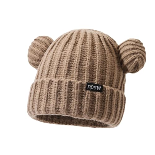 Image of FANPOI Adult Knit Beanie Hat, Winter Bear Ears Hat Warm Knitted Fleece Lined Woollen Ski Pompom Hat, Coffee, 21.26-23.23inch