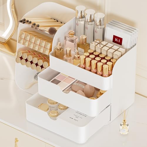 Image of Booklov Small Makeup Organizer for Vanity and Bathroom Countertop, White | Plastic Cosmetic Display Case with Drawers, Beauty Brush Holder for Dresser Counter, Storage Skin Care Eyeshadow Lipstick