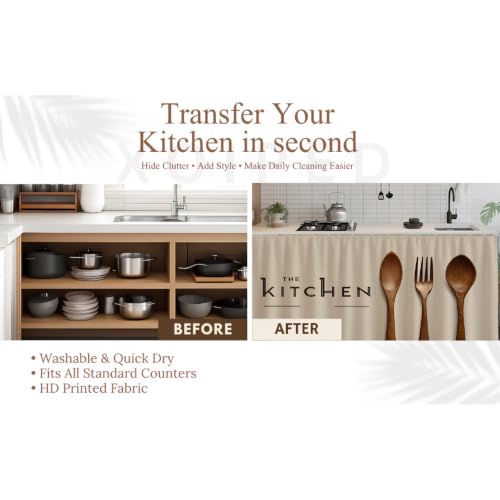 Image of Under Sink & Counter Curtain for Modular Kitchen - Printed Fabric Rod Pocket Hanging Skirt, Washable Under-Counter Cover, Pack of 2 Panels (Each Panel: 150 x 70 cm) (Cream Sink)