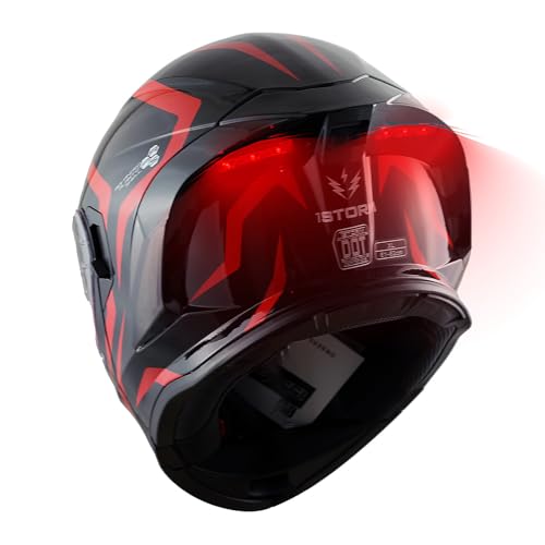 1Storm New Motorcycle Bike Modular Full Face Helmet Dual Visor Sun Shield with Rechargeable LED Tail Light: LED-X90 Arrow Red