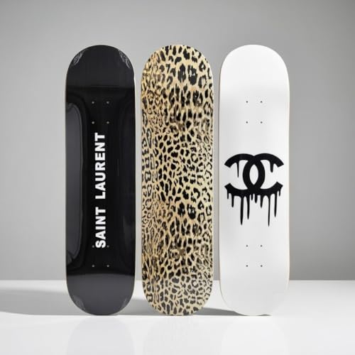 BDTrims 3 Pack Designer-Influenced Pop Art Skateboard Deck Set Black White and Leopard Print Premium 7-Ply Maple Wall Decor Customization Available