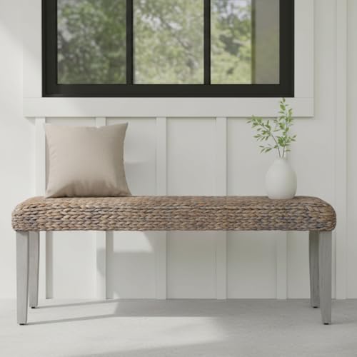 Farmhouse Indoor Solid Wood Acacia Benc with Natural Woven Benches Seat, Boho Bench Entryway, Wooden Bench for bedroom end of bed or Living Room or Vintage Entryway Bench Seat (Grey, Water Hyacinth) - Thumbnail 5