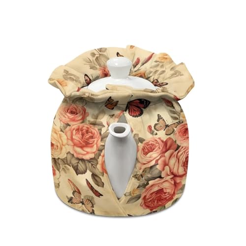 Image of Rose Butterfly Tea Cozy Kettle Dust Cover Large Tea Cosy Portable Easy to Clean Tea Pot Dust Cover Insulated Tea Cosy for Home Kitchen Office Holiday Party Decor