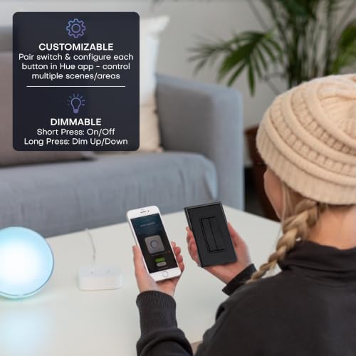 Image of RunLessWire Click for Hue Battery-Free Wireless Smart Switch 2 Pack Black | Dimmable Kinetic Switch Pairs Natively to Philips Hue Bridge, 4 Programmable Buttons to Control Scenes & Areas, 100ft Range