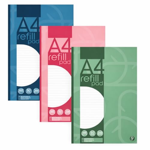 Sixstore 200 Page A4 Refill Pad, Side Bound and Punched 2 Holes. Ruled 8mm Feint with Margin White, 1 Colour Sent at Random