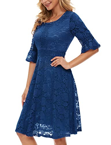 Wedding Guest Dresses for Women Vintage Full Lace Bell Sleeve Big Swing A-Line Dress Royal Blue - Thumbnail 4