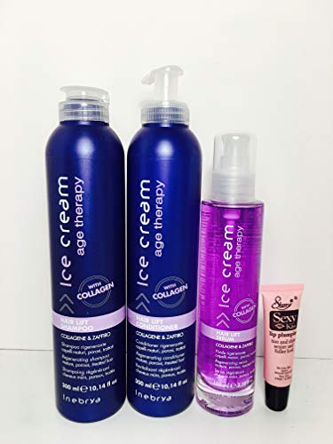 Inebrya Ice Cream Age Therapy with Collagen Kit (Hair Lift Shampoo 10.14oz, Conditioner 10.14oz Duo & Hair Lift Serum 3.38oz) Free Lip Plumping lip gloss 10Ml