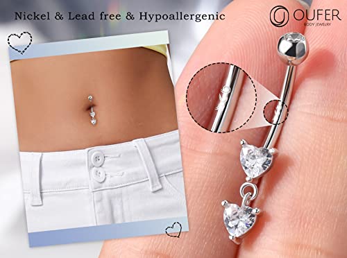 Oufer 14G Belly Rings, Dangle Belly Button Ring, 925 Sterling Silver Heart Belly Piercing Jewlery, Clear Cz Navel Piercing Jewelry For Women Men #TOP2