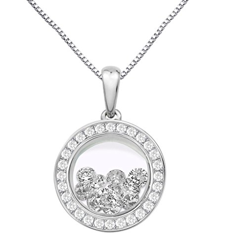 PARIKHS Round Pendant Floating White Cubic Zirconia Inside -CZ Border - Sterling Silver