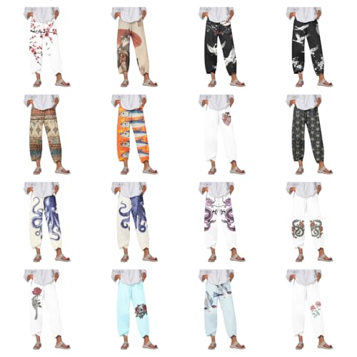 Boho Capri Pants for Women Japanese Asian Palazzo High Elastic Waist Trousers Pants with Pockets Summer Beach4