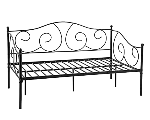 Metal Daybed Modern Twin Bed Frame Child Bed Sofa Multifunctional Mattress Foundation with Box Spring Replacement Easy Assembly Headboard Heavy Duty Steel Slats for Living Room Guest Room, Black
