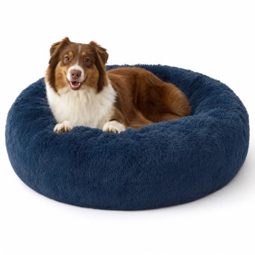 Image of Bedsure SupportMax Calming Dog Beds Large Sized Dog Washable Pet Bed,36in | 420GSM Plush Fluffy Donut Round,Thick Supportive,Removable Cover,Anti-Slip,Anti-Anxiety,for Big Dogs up to 80 Lbs,Navy