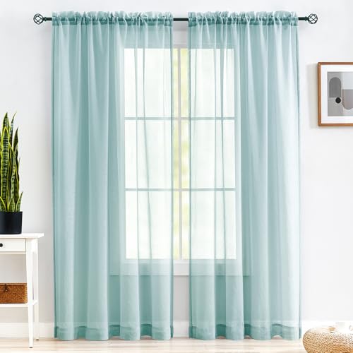 MYSTIC-HOME Sheer Curtains 95 Inches Long, Window Treatments Rod Pocket Drapes for Living Room, Bedroom, Semi Crinkle Voile Curtain Panels for Yard, Villa, Parlor, Set of 2, 52"x95", Grey Teal
