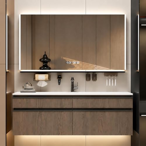 KOCFUA 48 in Modern Floating Bathroom Vanity with Sink - Single Basin Wall Mounted Solid Wood Vanity Set | Smart Defogging Mirror | Easy Clean Stone Sink | Ready to Install
