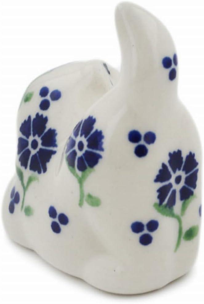 Polmedia Polish Pottery Cat Figurine - Blue Bursts Pattern Handmade in Boleslawiec Poland by Ceramika Bona + Certificate of Authenticity