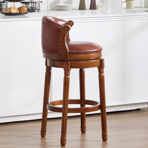 Image of Cow top Leather Wooden Bar Stools, 29.5 inch Bar Height Bar Chair with Back, 180 Degrees Swivel Barstools Chair for Home Kitchen Counter,Dining Room (Brown-1pc, Bar Height-Seat Height 29.5 inch)