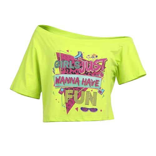 MNLYBABY 80s Outfit for Women Retro 80's Off The Shoulder Crop Tops Vintage 80s 90s Party Disco Shirt Green