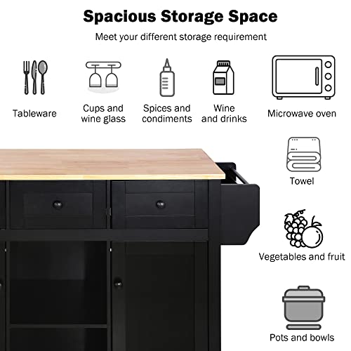 GOAWGO Rolling Kitchen Island Cart, 53.1\" W, Wood Drop Leaf Countertop, 3 Drawers, 2 Cabinet Doors with Racks, 5 Wheels,Black