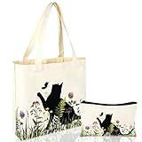 Picture of VAIPI Black Cat Canvas Tote Bag Cute Flowers Tote Bag Vintage Aesthetic Reusable Grocery Bags with Makeup Bag - Canvas Shopping Bag Gift for Women