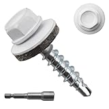 JEGONFRI 300pcs #10 x 1 White Hex Head Self-Drilling Metal Roofing Screws, EPDM Washer, Colored Head, Wood Screws, Sheet Metal Roof Screw with Hex Driver Bit