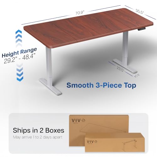 Image of VIVO Dark Walnut 71 x 36 in Standing Desk, DESK-KIT-1G7D-36 | Electric, Holds 220 lbs, Sit Stand, Height Adjustable, Extra Deep Table Top, Memory Presets, 1B Series, Gray Frame