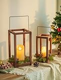 Romadedi Wood Christmas Lantern Decorative - Set of 2 Decorative Candle Lantern with Xmas Wreath and LED Candles for Table Centerpieces Fireplace Mantle Rustic Home Wedding Decorations Gift
