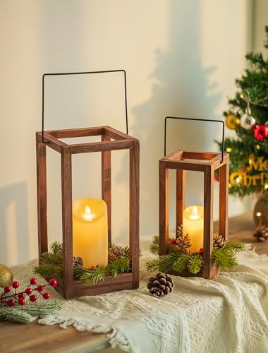 Romadedi Rustic Wood Lantern for Christmas Table Centerpiece, Set of 2