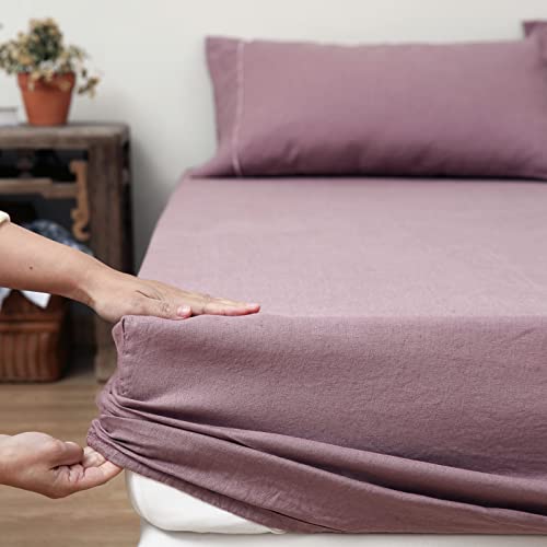King Linens 100% Linen Fitted Sheet Stone Washed Solid Color - (1 Piece) 14 Inch Deep Pocket Mattress Cover Soft Natural Breathable Farmhouse - Purple, Full Size #TOP6