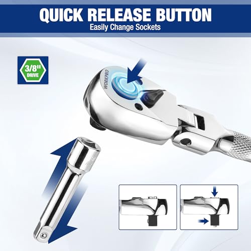 WORKPRO 2-Piece Stubby Handle Ratchet Set with 14 Accessories, 1/4" Dual Socket Short Ratchet Handle with Bit Driver Head, 3/8" Socket Wrench with Flexible Head, Reversible Ratchet 72-Teeth - Image 4