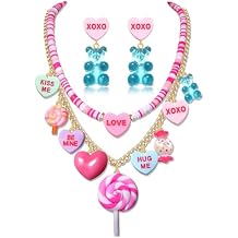 Valentines Jewelry Set Funny Pink XOXO Heart Lollipop Gummy Bear Pendant Layered Necklace Dangle Earrings Set Valentines Anniversary Birthday Date Party Jewelry