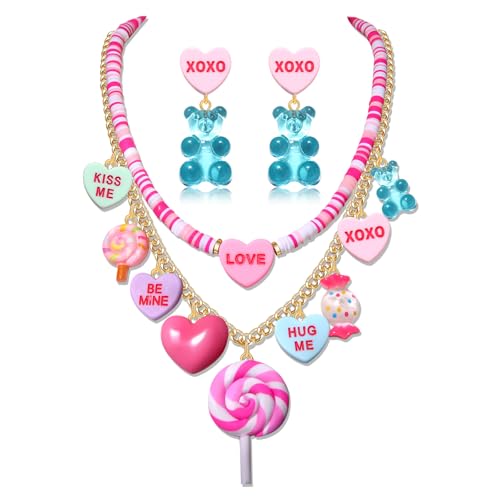 HSWE Valentine's Jewelry Set Funny Pink XOXO Heart Lollipop Gummy Bear Pendant Layered Necklace Dangle Earrings Set Valentine's Anniversary Birthday Date Party Jewelry