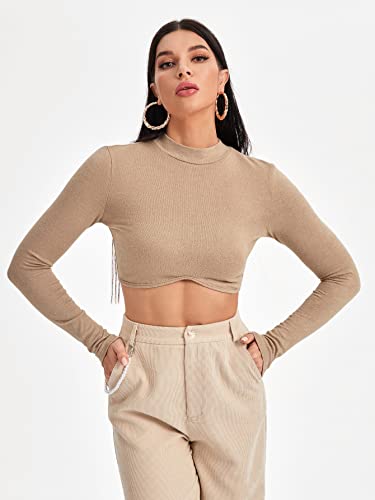 Mulheres Top Cortado Pescoço (Color : Khaki, Size : L)