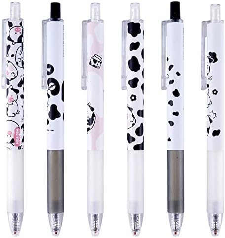 HHLCWA 6 Pieces Cute Cartoon Milk Cow Patterns Writing Ballpoint Pens with Silicone Cover, Medium Point 0.5 mm Black Ink Pens for Kids Girls Women Office School Supplies