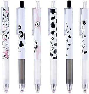 HHLCWA 6 Pieces Cute Cartoon Milk Cow Patterns Writing Ballpoint Pens with Silicone Cover, Medium Point 0.5 mm Black Ink Pens for Kids Girls Women Office School Supplies