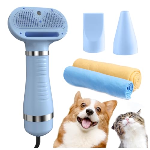 Asciugatore per Cani, 4 in 1 Con Spazzola, 3 Impostazioni Temperatura Regolabile Spazzola Asciuga Cani, E Panno Super Assorbente per Cani e Gatti,blue