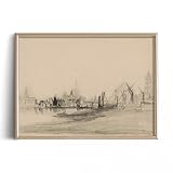 Port Boat Ship Drawing Rustic Gray Building Picture - Coastal Seascape Town Etching Print Poster - Vintage...
