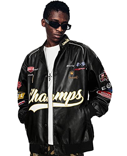 Image of Aelfric Eden Letter-Embroidered Racing Jacket Mens Cool PU Jackets Button Closure Coats