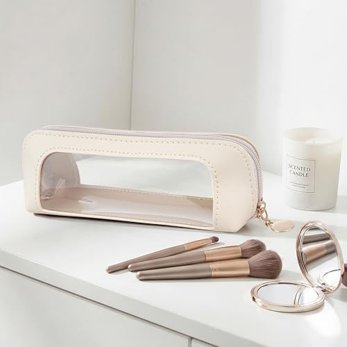 Clear Makeup Brush Bag with Zipper, Leather Slim Clear Makeup Case, Portable Transparent Waterproof Cosmetic Pouch for Women Travel Office Storage Organizer - 4