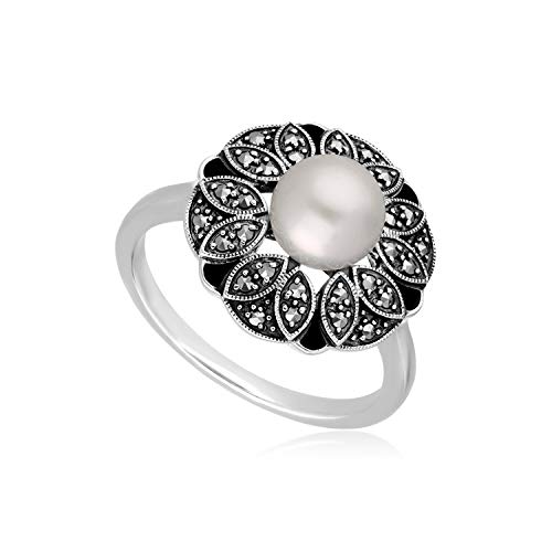 Image of Gemondo USA Pearl, Marcasite, & Black Enamel Floral Sterling Silver Ring